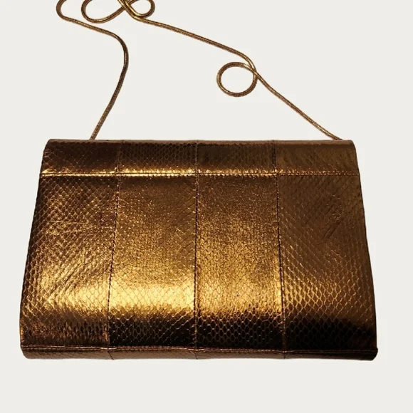 Vintage 1980's Bronze Gold Metallic Snakeskin Clutch/ Shoulder Bag EUC - Picture 5 of 11
